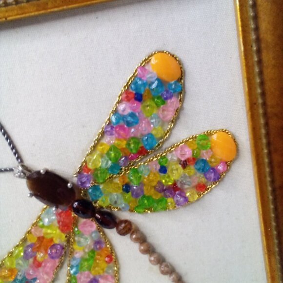 Handmade Dragonfly Beaded Artwork Stones Mixed Media Canvas Framed Decor 12 x 10 - Picture 8 of 15